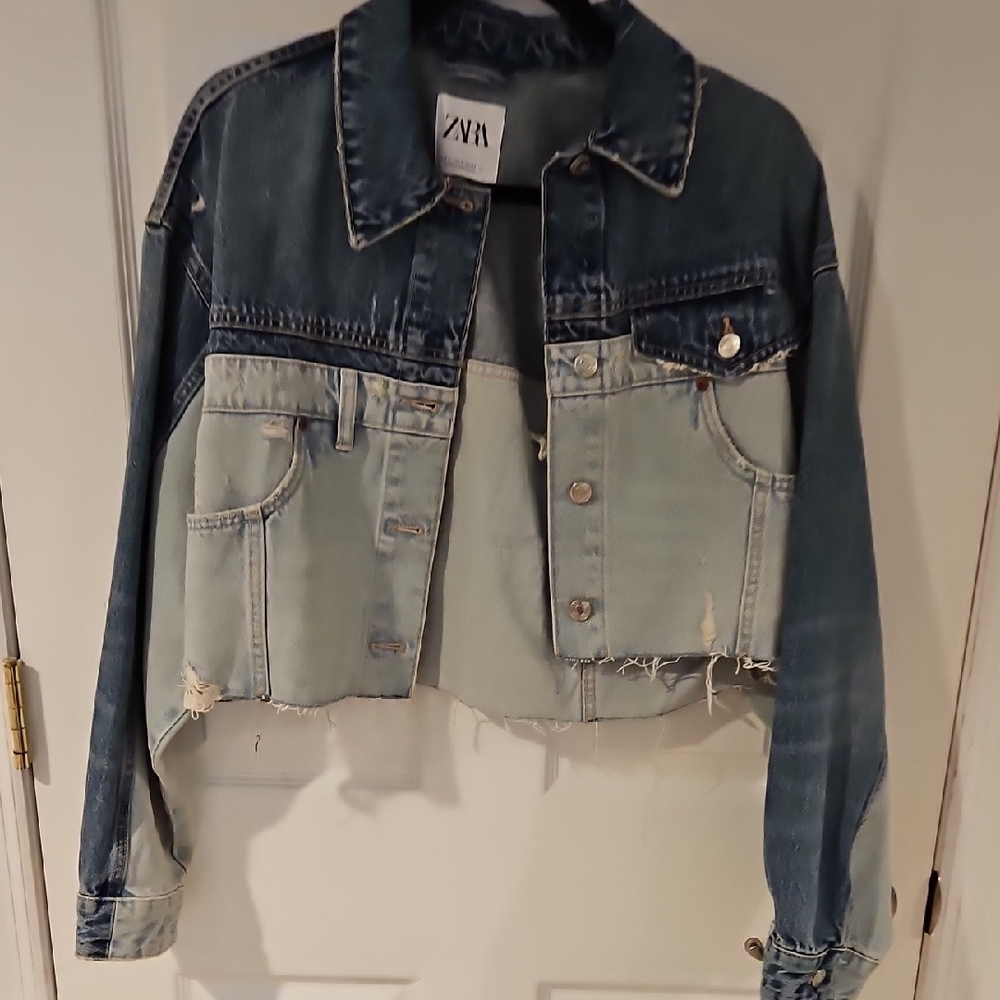 Zara Two Tone Distressed Cropped Denim Jacket